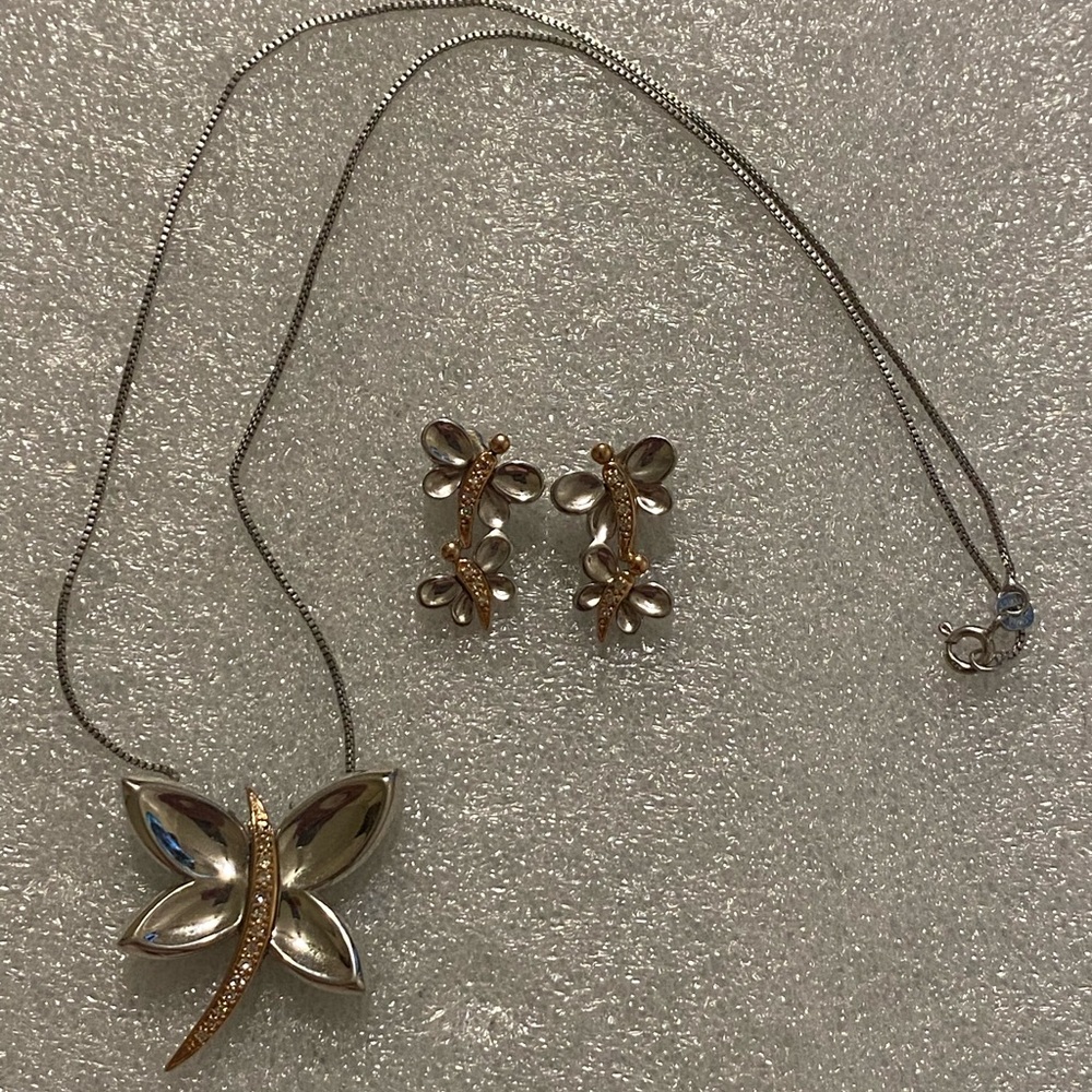 Dragonfly Pendant and Earrings - Sterling Silver - 14K